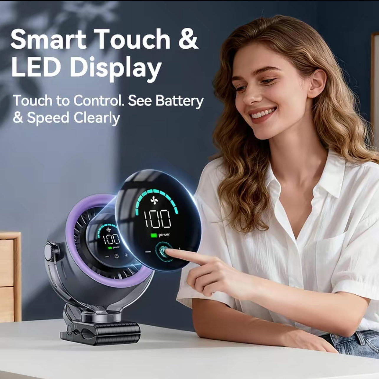 Rechargeable Portable Clip on Fan 100 Speed Touch Control